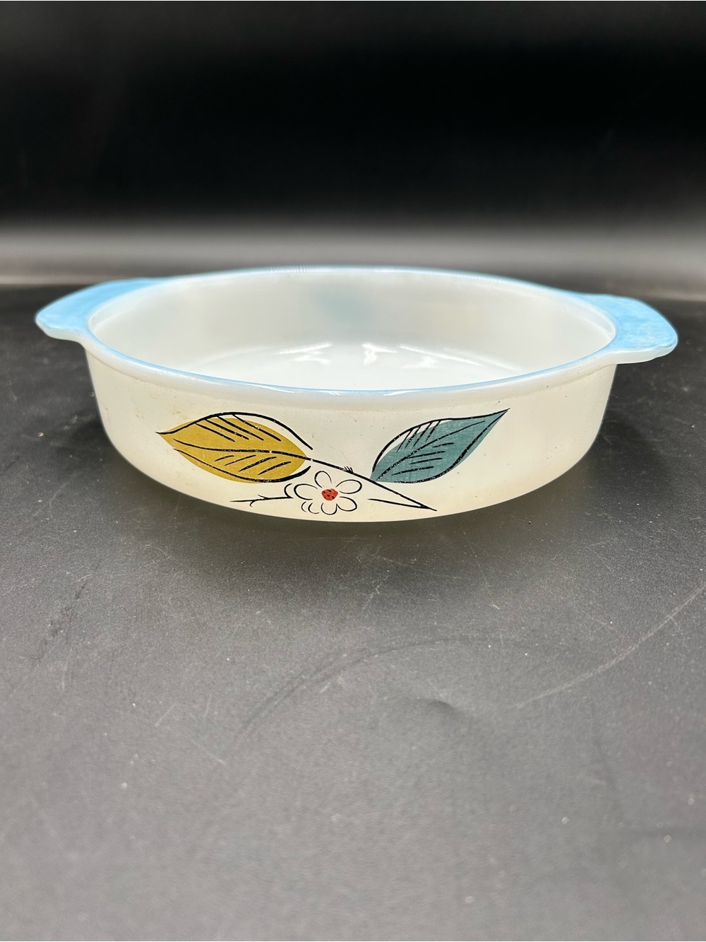 Vintage Fire King Salem Biscayne White Glass Casserole Dish with Blue Handles